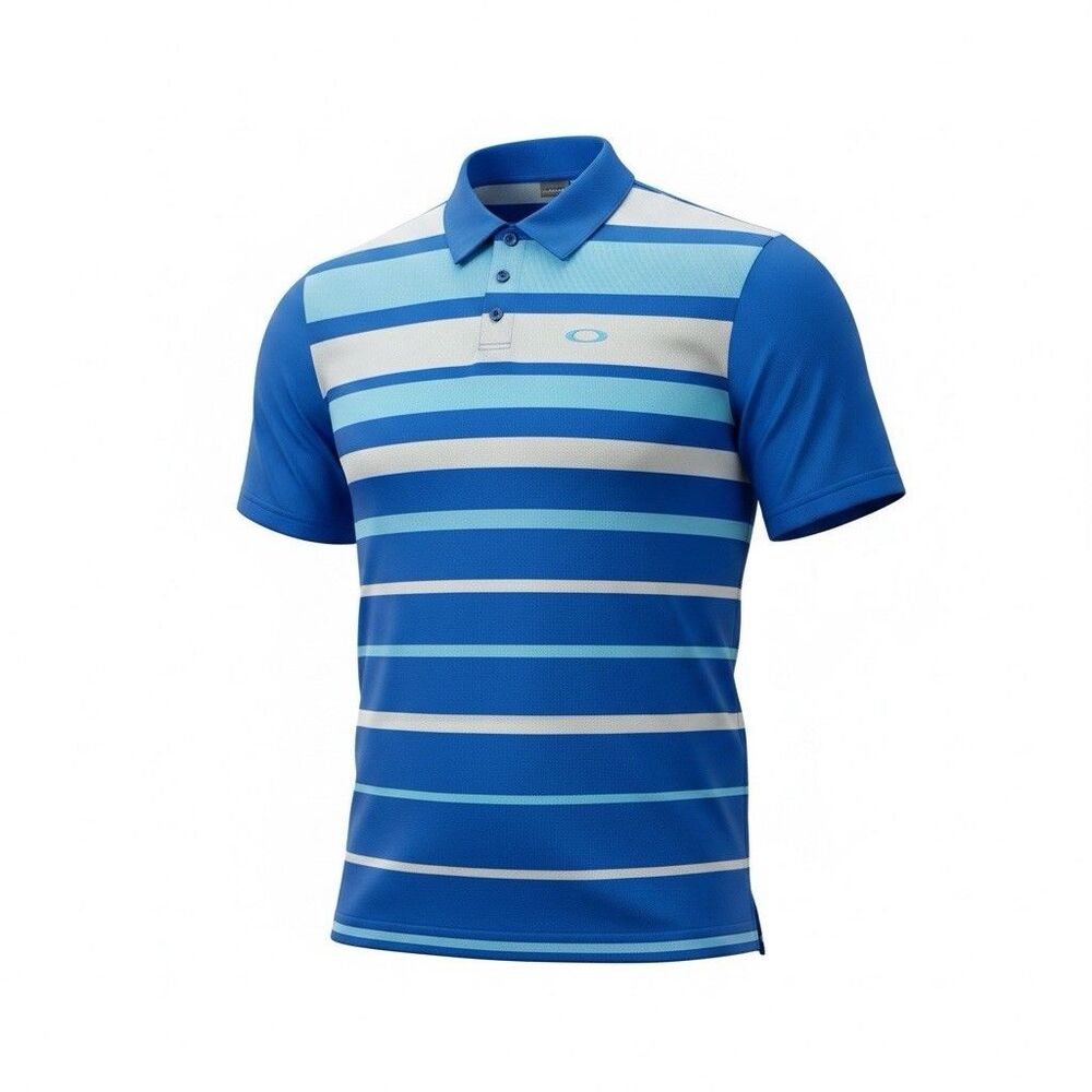 Oakley Polo Shirt Mens XL Blue White Short Sleeve Horizontal Striped Performance